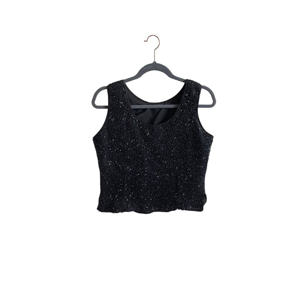 Vintage Black Glass Beaded Sleeveless Top | 90s Evening Tank | Side Zip Party Bl